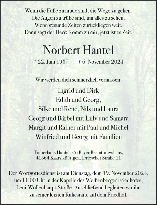 Traueranzeige von Norbert Hantel von Rheinische Post