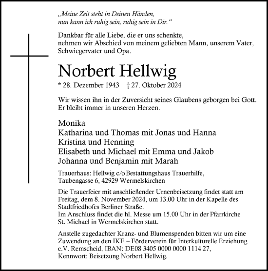 Traueranzeige von Norbert Hellwig von Rheinische Post