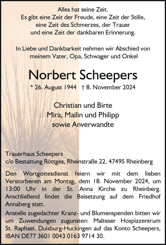 Traueranzeige von Norbert Scheepers von Rheinische Post