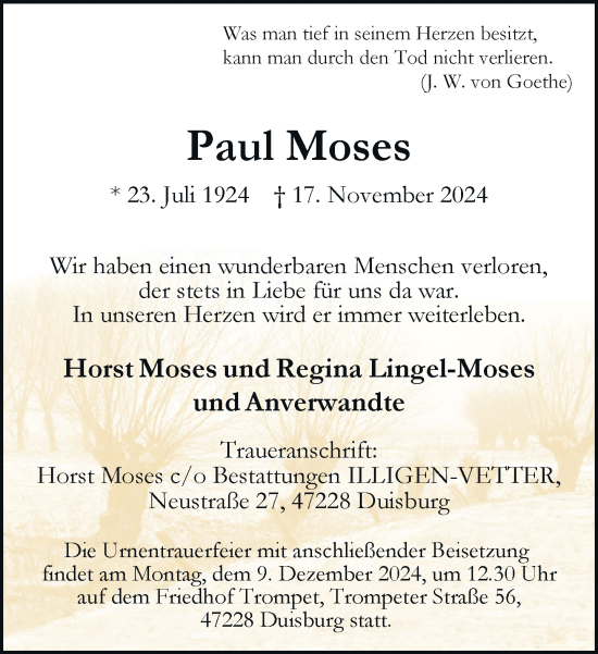 Traueranzeige von Paul Moses von Rheinische Post