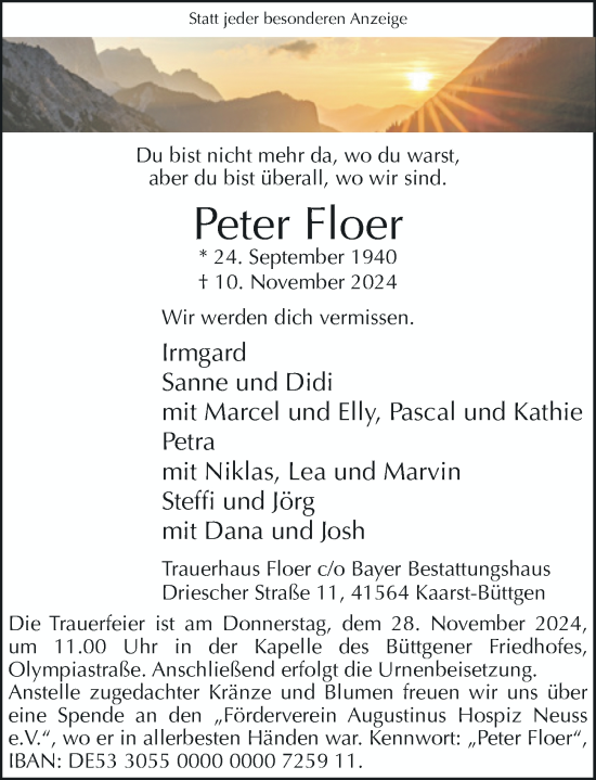 Traueranzeige von Peter Floer von Rheinische Post