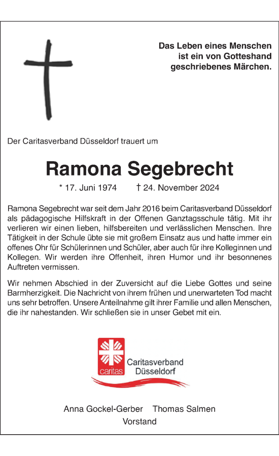 Traueranzeige von Ramona Segebrecht von Rheinische Post