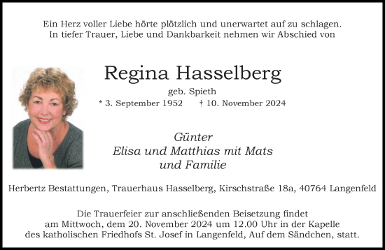 Traueranzeige von Regina Hasselberg von Rheinische Post