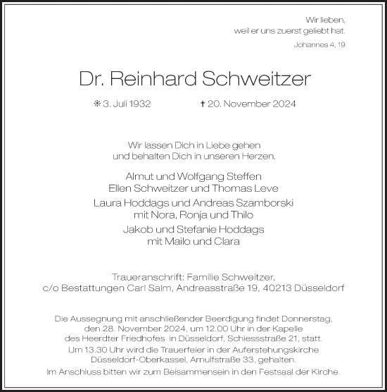 Traueranzeige von Reinhard Schweitzer von Rheinische Post