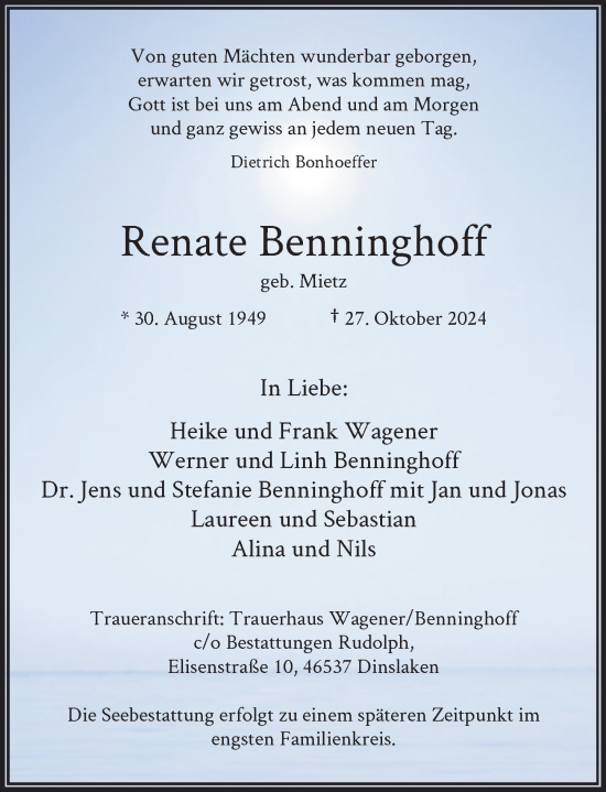 Traueranzeige von Renate Benninghoff von Rheinische Post