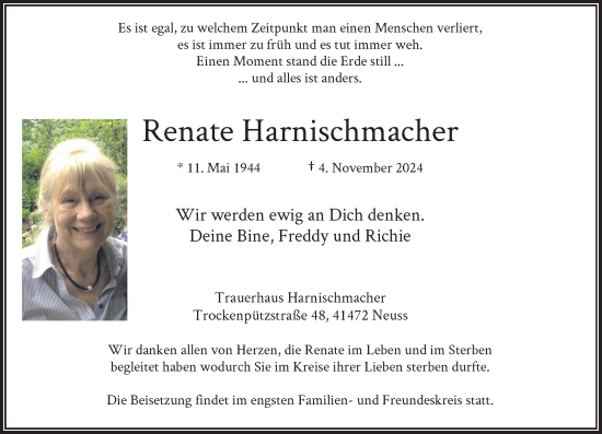 Traueranzeige von Renate Harnischmacher von Rheinische Post