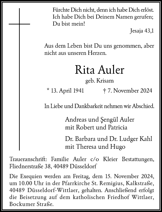 Traueranzeige von Rita Auler von Rheinische Post