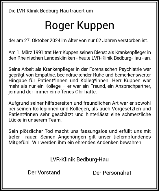 Traueranzeige von Roger Kuppen von Rheinische Post