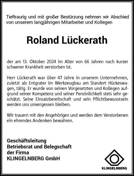 Traueranzeige von Roland Lückerath von Rheinische Post