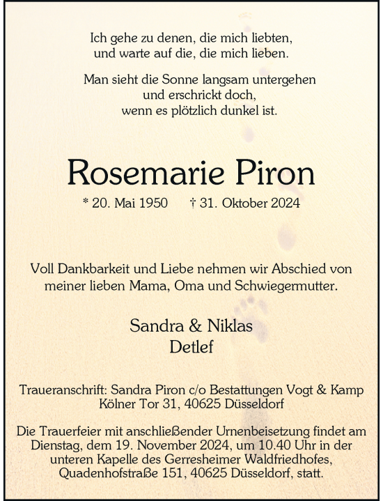 Traueranzeige von Rosemarie Piron von Rheinische Post