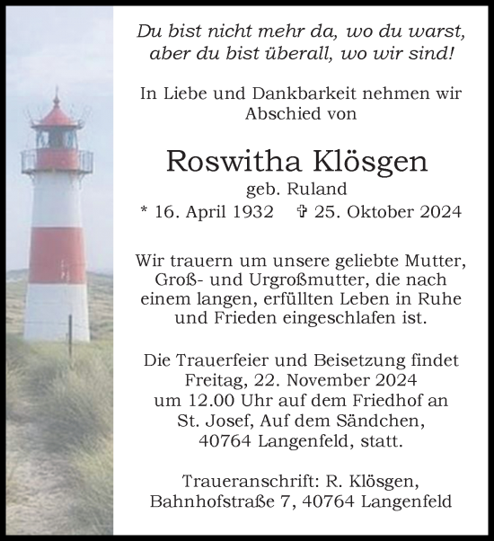 Traueranzeige von Roswitha Klösgen von Rheinische Post