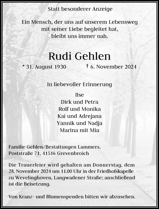 Traueranzeige von Rudi Gehlen von Rheinische Post