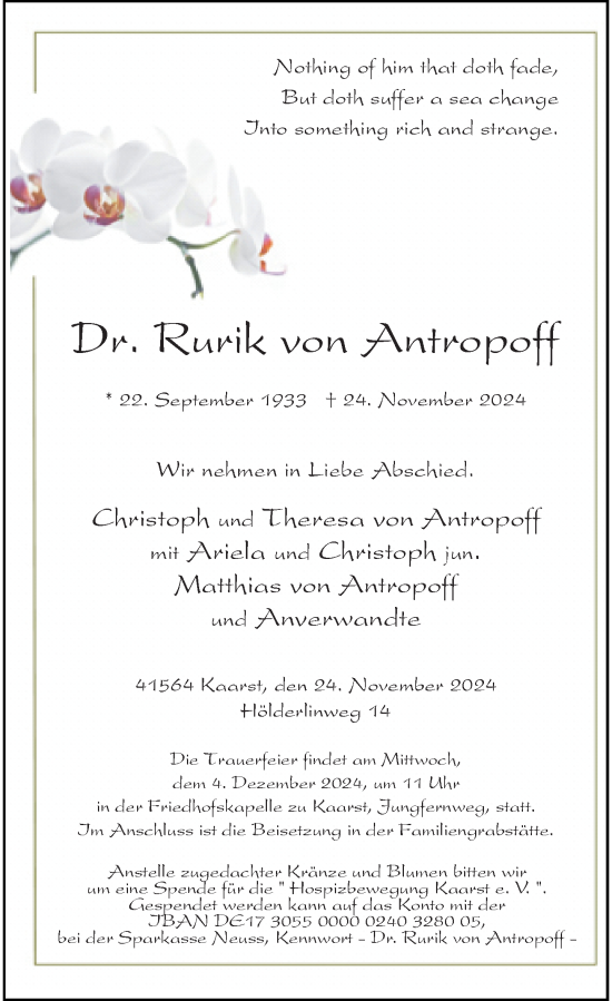 Traueranzeige von Rurik von Antropoff von Rheinische Post