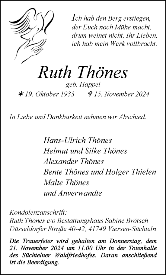 Traueranzeige von Ruth Thönes von Rheinische Post