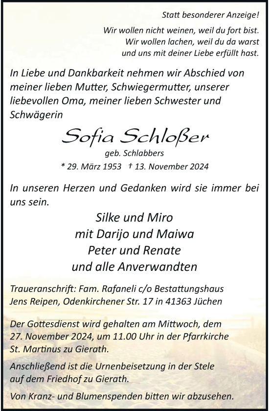 Traueranzeige von Sofia Schloßer von Rheinische Post