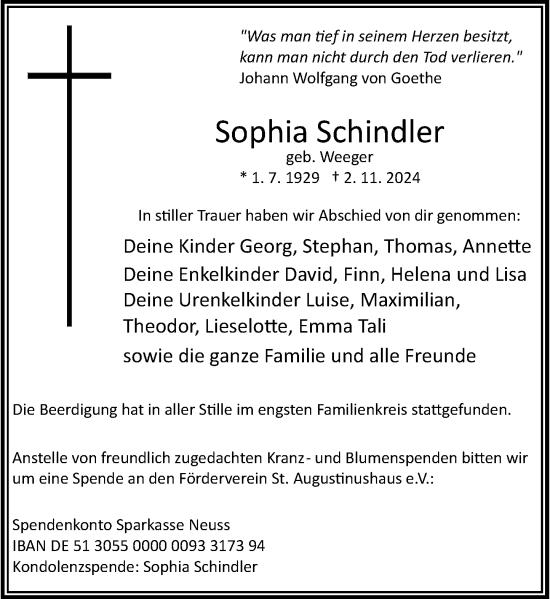 Traueranzeige von Sophia Schindler von Rheinische Post