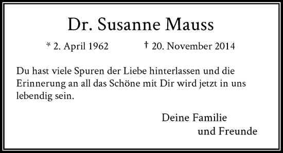 Traueranzeige von Susanne Mauss von Rheinische Post