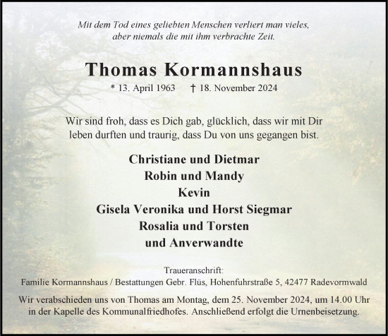 Traueranzeige von Thomas Kormannshaus von Rheinische Post