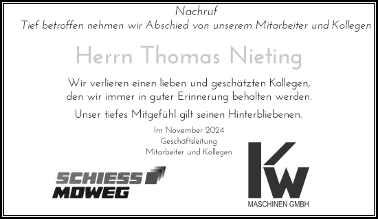 Traueranzeige von Thomas Nieting von Rheinische Post