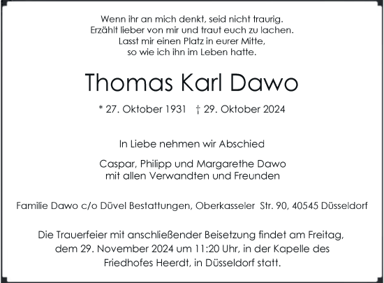 Traueranzeige von Thomas Karl Dawo von Rheinische Post