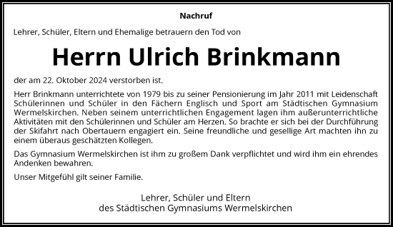 Traueranzeige von Ulrich Brinkmann von Rheinische Post