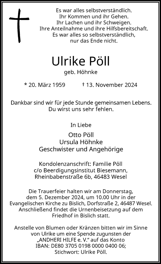 Traueranzeige von Ulrike Pöll von Rheinische Post