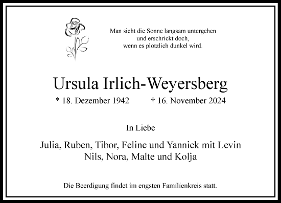 Traueranzeige von Ursula Irlich-Weyersberg von Rheinische Post