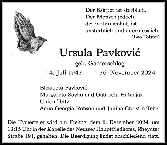 Traueranzeige von Ursula Paykovic von Rheinische Post