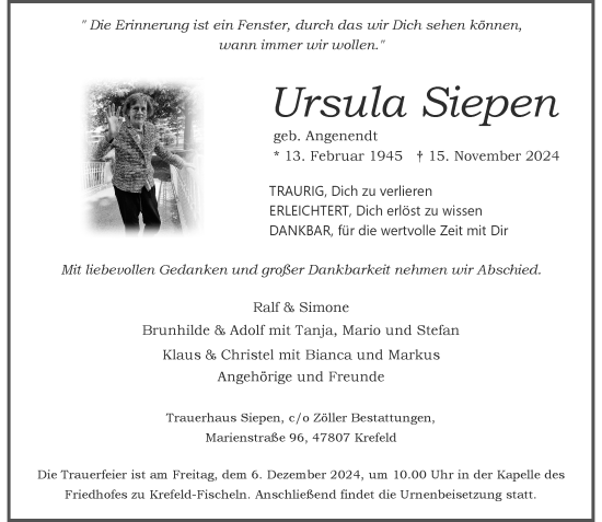 Traueranzeige von Ursula Siepen von Rheinische Post