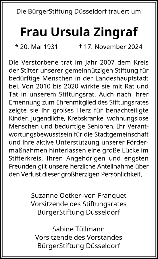 Traueranzeige von Ursula Zingraf von Rheinische Post