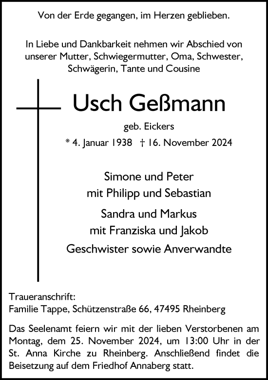 Traueranzeige von Usch Geßmann von Rheinische Post