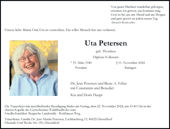 Traueranzeige von Uta Petersen von Rheinische Post