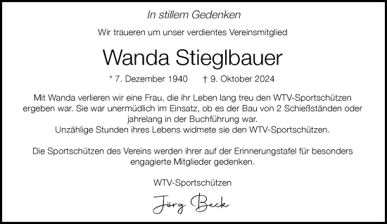 Traueranzeige von Wanda Stieglbauer von Rheinische Post