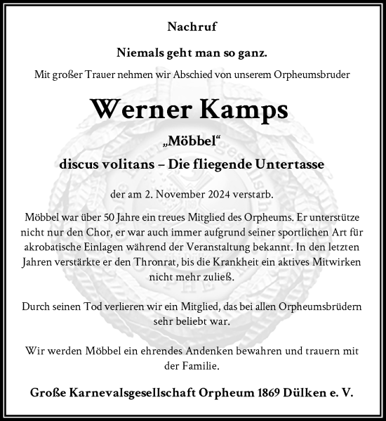 Traueranzeige von Werner Kamps von Rheinische Post