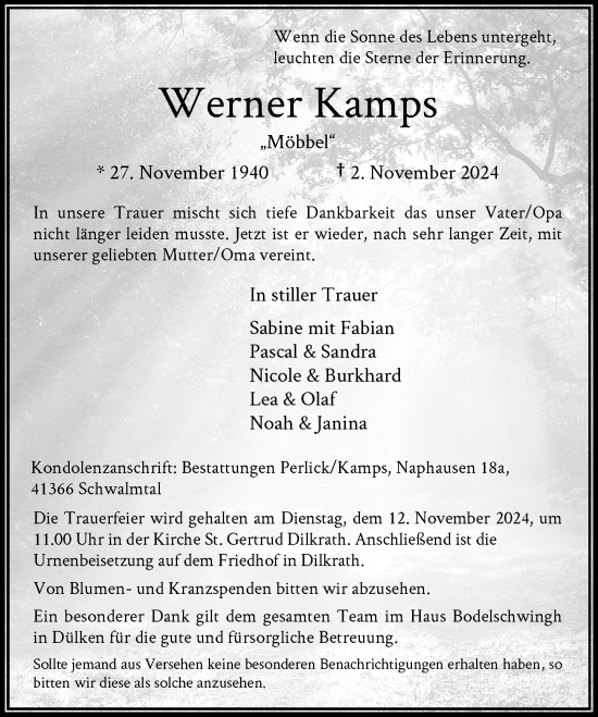 Traueranzeige von Werner Kamps von Rheinische Post