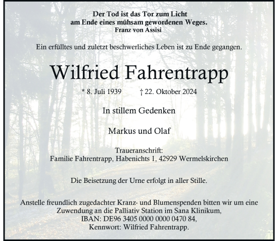 Traueranzeige von Wilfried Fahrentrapp von Rheinische Post