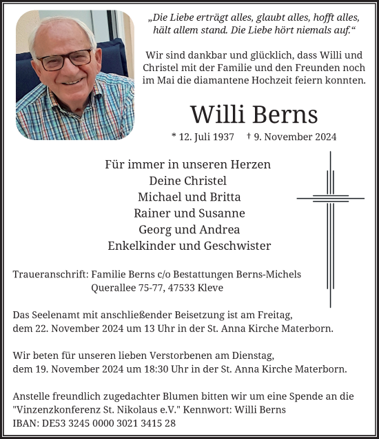 Traueranzeige von Willi Berns von Rheinische Post