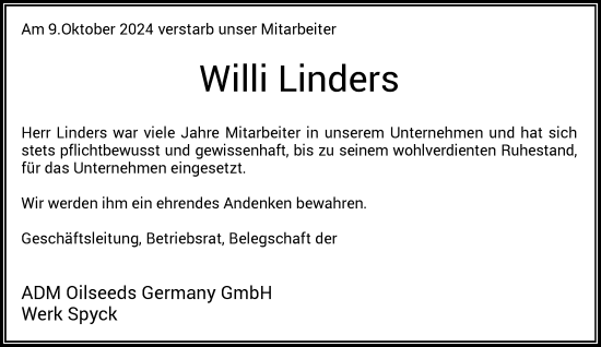 Traueranzeige von Willi Linders von Rheinische Post