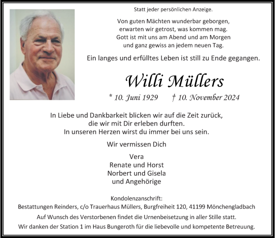 Traueranzeige von Willi Müllers von Rheinische Post