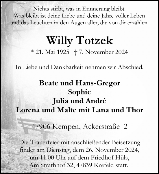 Traueranzeige von Willy Totzek von Rheinische Post