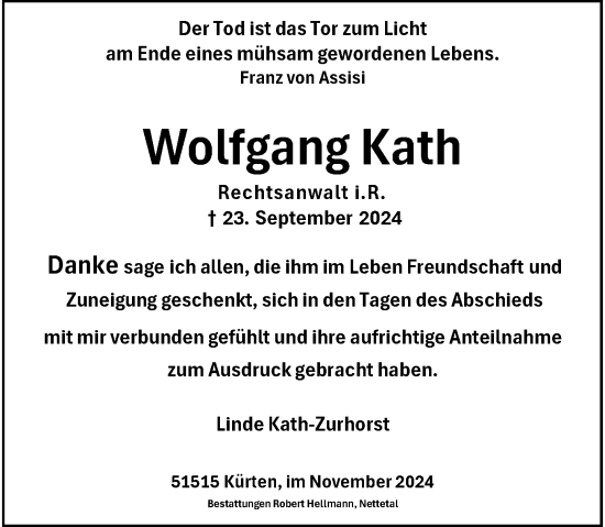 Traueranzeige von Wolfgang Kath von Rheinische Post