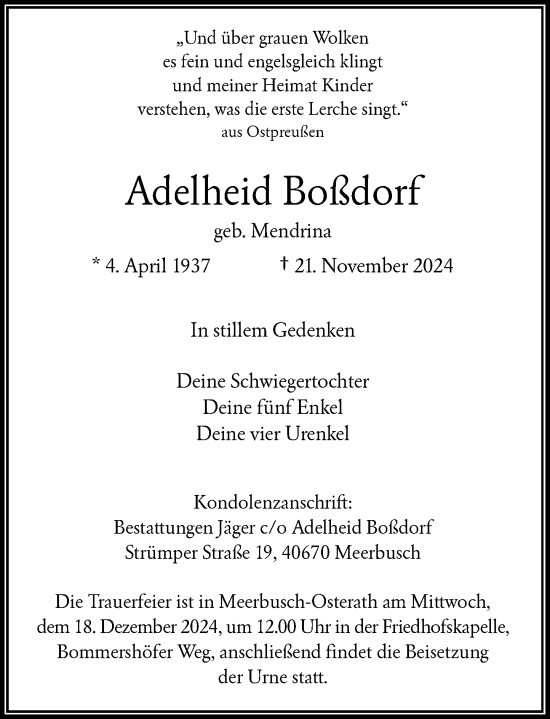 Traueranzeige von Adelheid Boßdorf von Rheinische Post