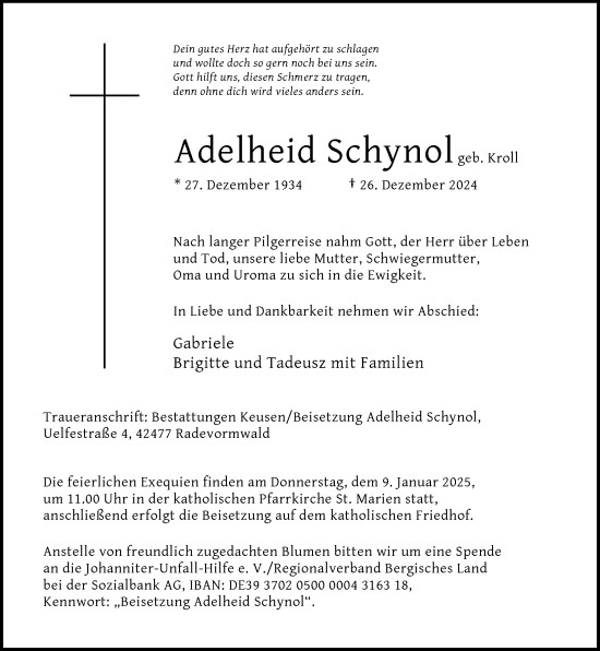 Traueranzeige von Adelheid Schynol von Rheinische Post