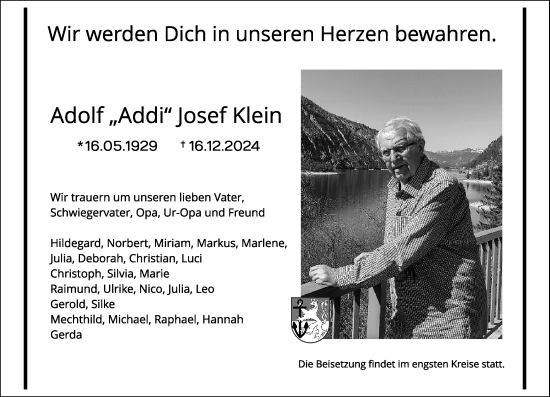 Traueranzeige von Adolf Josef Klein von Rheinische Post