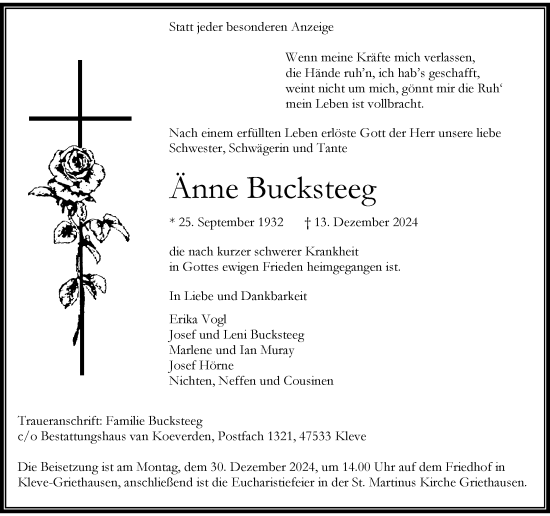 Traueranzeige von Änne Bucksteeg von Rheinische Post