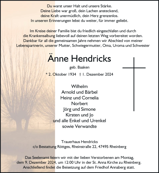 Traueranzeige von Änne Hendricks von Rheinische Post