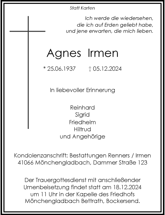 Traueranzeige von Agnes Irmen von Rheinische Post