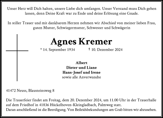 Traueranzeige von Agnes Kremer von Rheinische Post