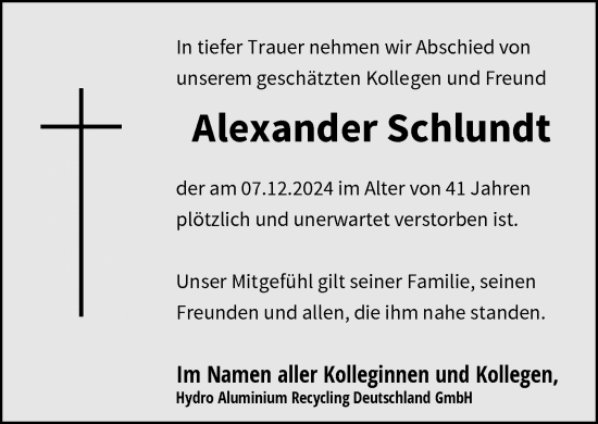 Traueranzeige von Alexander Schlundt von Rheinische Post