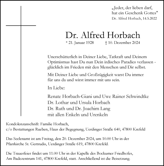 Traueranzeige von Alfred Horbach von Rheinische Post